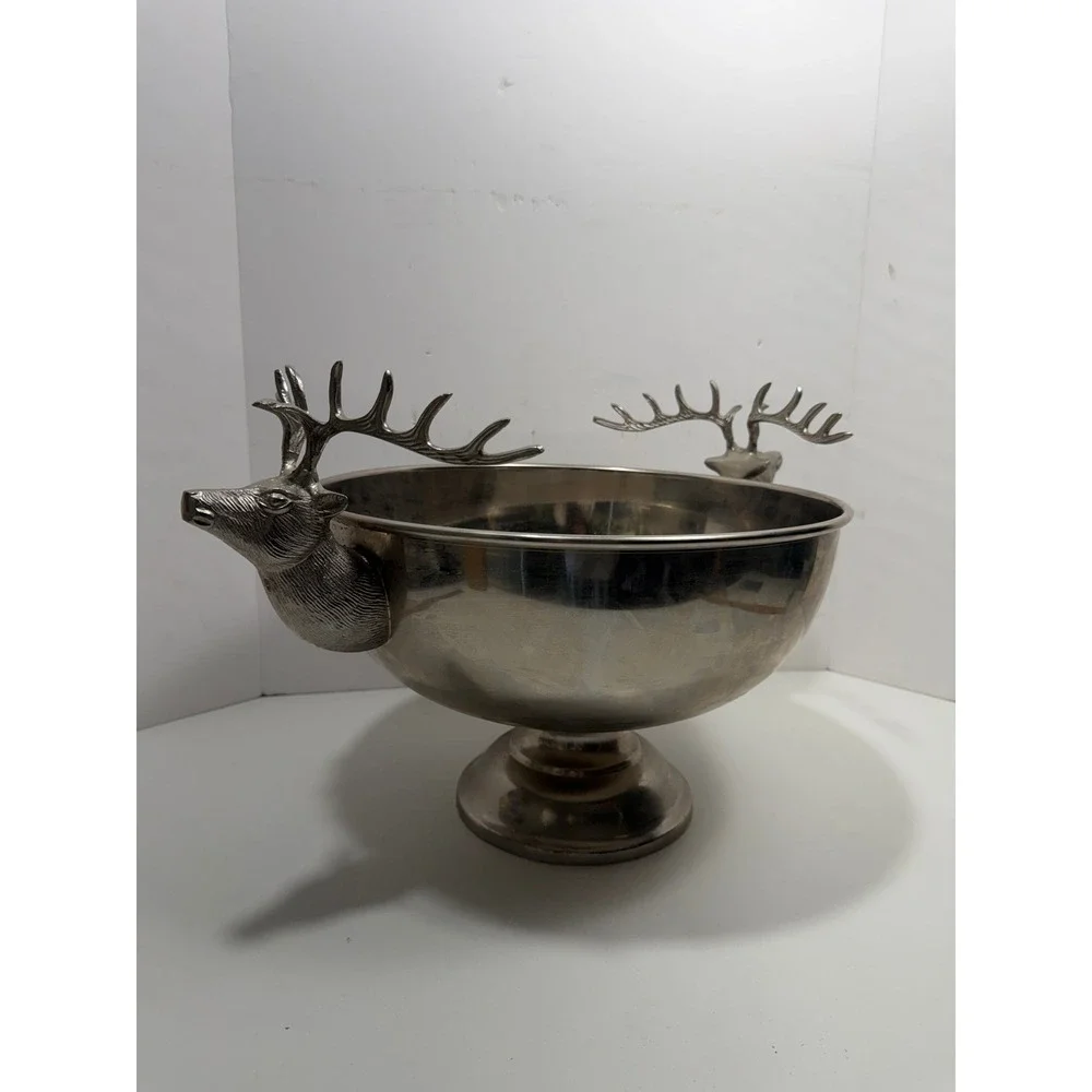 Silver Stag Head Punch Bowl Antler Handle Reindeer Ice Bucket Lodge Decor 10in‎
